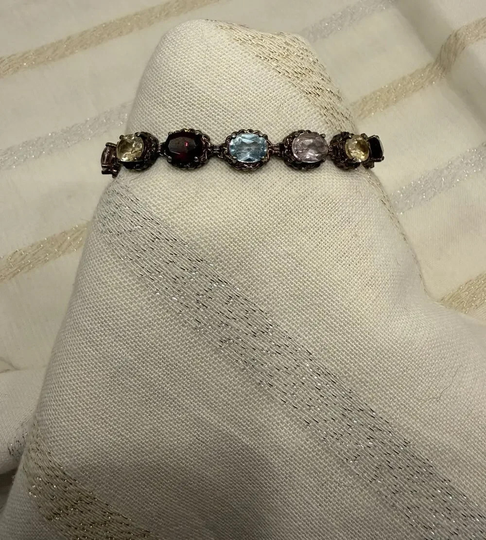 925 Thailand Sterling Silver Multi Color Gemstone Tennis Bracelet Vintage 8” 18g